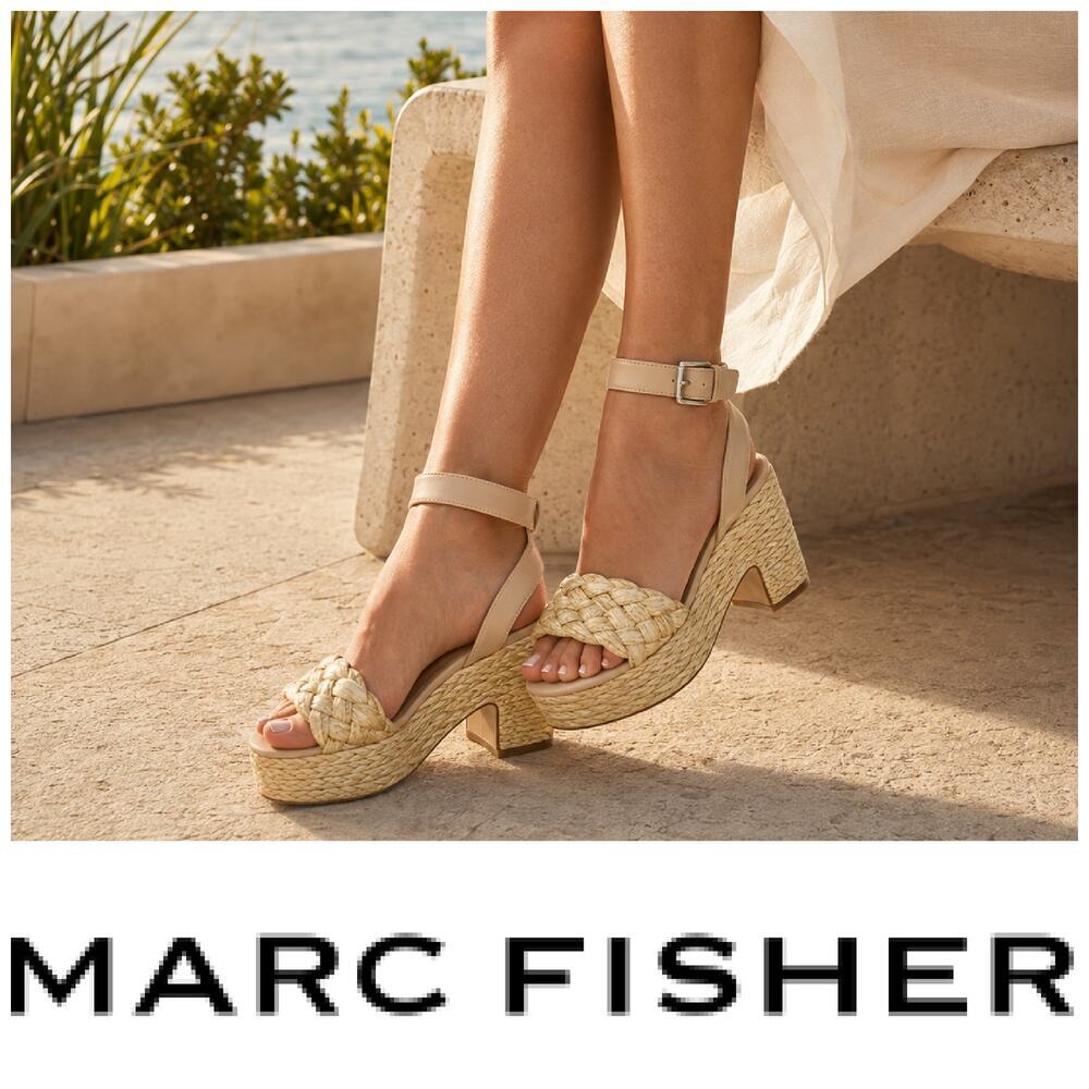NEW Marc Fisher Steel Sz 10 Raffia Platform Block Heel Sandals Natural NWOB